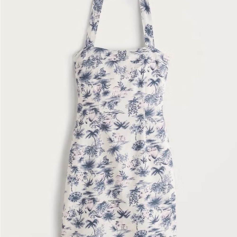 Abercrombie & Fitch Blue and White Palm Tree Print Linen Dress - Petite Small